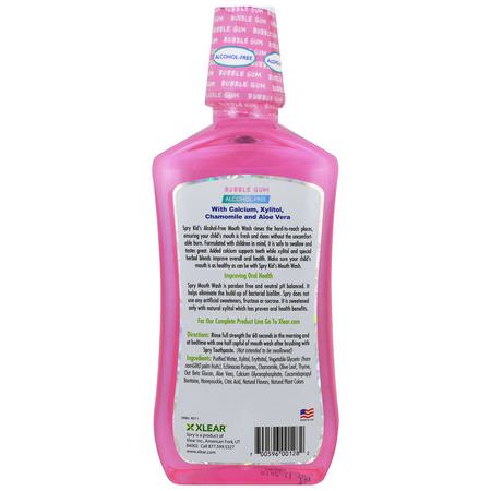 Munvatten, Bad, Spray, Skölj: Xlear, Kid's Spry Mouth Wash, Enamel Support, Alcohol-Free, Natural Bubble Gum, 16 fl oz (473 ml)