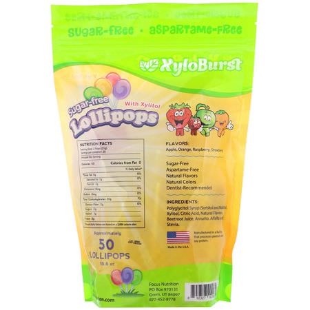 Godis, Choklad: Xyloburst, Sugar-Free Lollipops with Xylitol, Assorted Flavors, 50 Lollipops (18.6 oz)