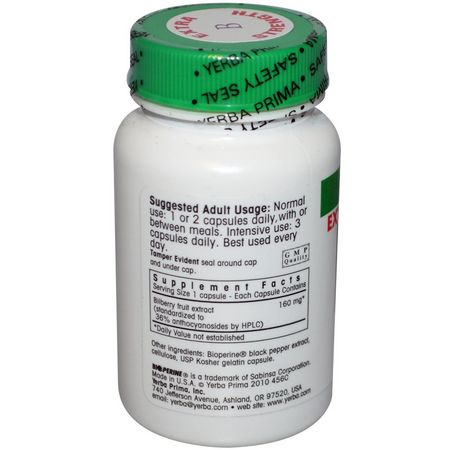 Blåbär, Homeopati, Örter: Yerba Prima, Bilberry Extra Strength, 160 mg, 50 Capsules