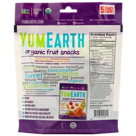 Godis, Choklad, Grönsaksnacks, Frukt: YumEarth, Organic Fruit Snacks, 5 Packs, 0.7 oz (19.8 g) Each