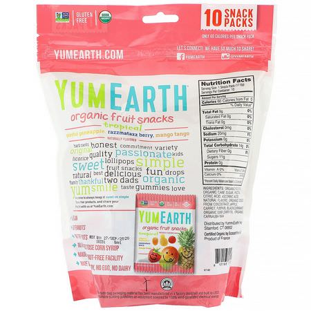 Grönsaksnacks, Frukt, Mellanmål, Godis: YumEarth, Organic Fruit Snacks, Tropical, 10 Packs, 0.62 oz (17.6 g) Each