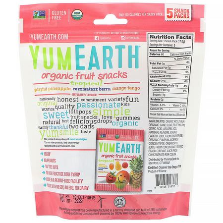 Vegetabiliska Mellanmål, Frukt, Mellanmål, Godis: YumEarth, Organic Fruit Snacks, Tropical, 5 Packs, 0.62 oz (17.6 g) Each