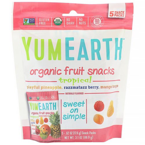 YumEarth, Organic Fruit Snacks, Tropical, 5 Packs, 0.62 oz (17.6 g) Each Review