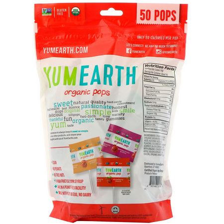 Godis, Choklad: YumEarth, Organic Pops, Assorted Flavors, 50 Pops, 12.3 oz (348.7 g)