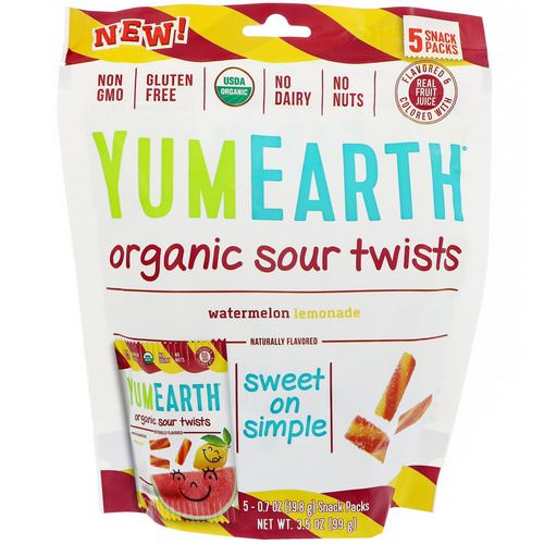 YumEarth, Organic Sour Twists, Watermelon Lemonade, 5 Snack Packs, 0.7 oz (19.8 g) Each Review