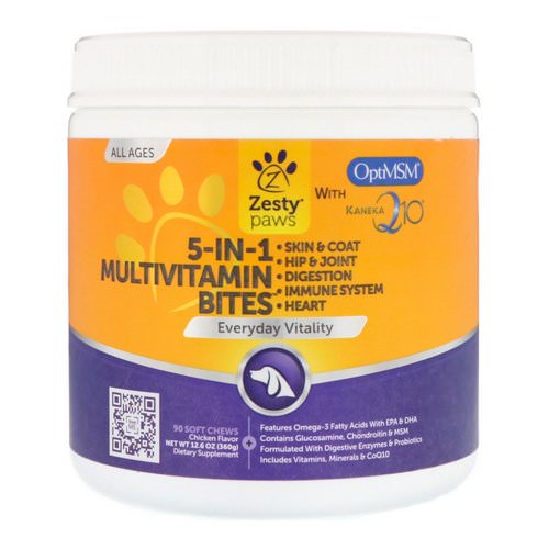 Zesty Paws, 5-In-1 Multivitamin Bites for Dogs, Everyday Vitality, All Ages, Chicken Flavor, 90 Soft Chews Review