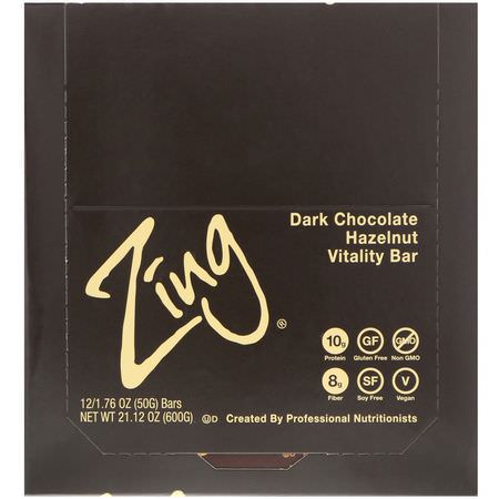 Energibarer, Sportbarer, Brownies, Kakor: Zing Bars, Vitality Bar, Dark Chocolate Hazelnut, 12 Bars, 1.76 oz (50 g) Each