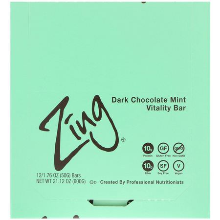 Energibarer, Sportbarer, Brownies, Kakor: Zing Bars, Vitality Bar, Dark Chocolate Mint, 12 Bars, 1.76 oz (50 g) Each