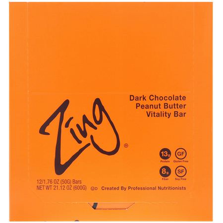 Energibarer, Sportbarer, Brownies, Kakor: Zing Bars, Vitality Bar, Dark Chocolate Peanut Butter, 12 Bars, 1.76 oz (50 g) Each