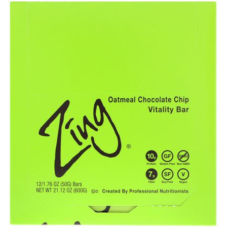 Energibarer, Sportbarer, Brownies, Kakor: Zing Bars, Vitality Bar, Oatmeal Chocolate Chip, 12 Bars, 1.76 oz (50 g) Each