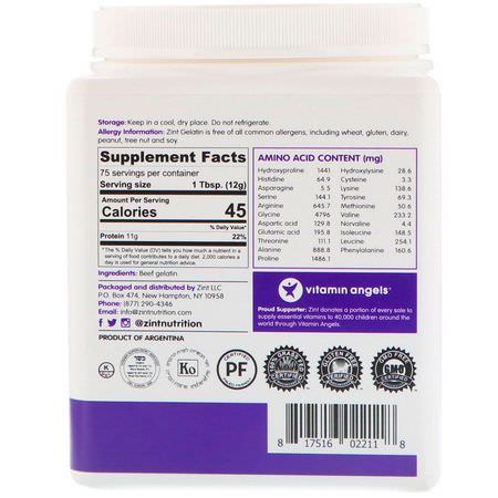 Gelatin, Naglar, Hud, Hår: Zint, Grass-Fed Beef Gelatin, Thickening Protein Powder, 2 lbs (907 g)